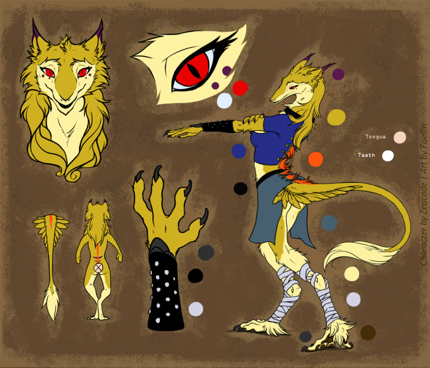 bottomwear braces breasts claws clothing collar english_text faellin feet female flat_colors foot_wraps fur midriff model_sheet pawpads red_eyes sergal skirt smile solo tail text toe_claws wraps yellow_body yellow_fur