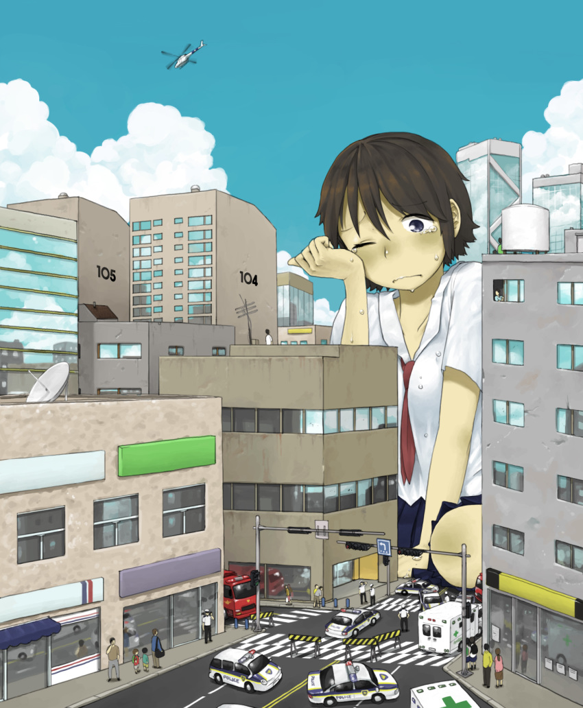 anyan_(jooho) brown_hair bystanders city cloud crying giantess helicopter on_kneels police_car policeman school_uniform short_hair size size_difference sky street traffic_signal