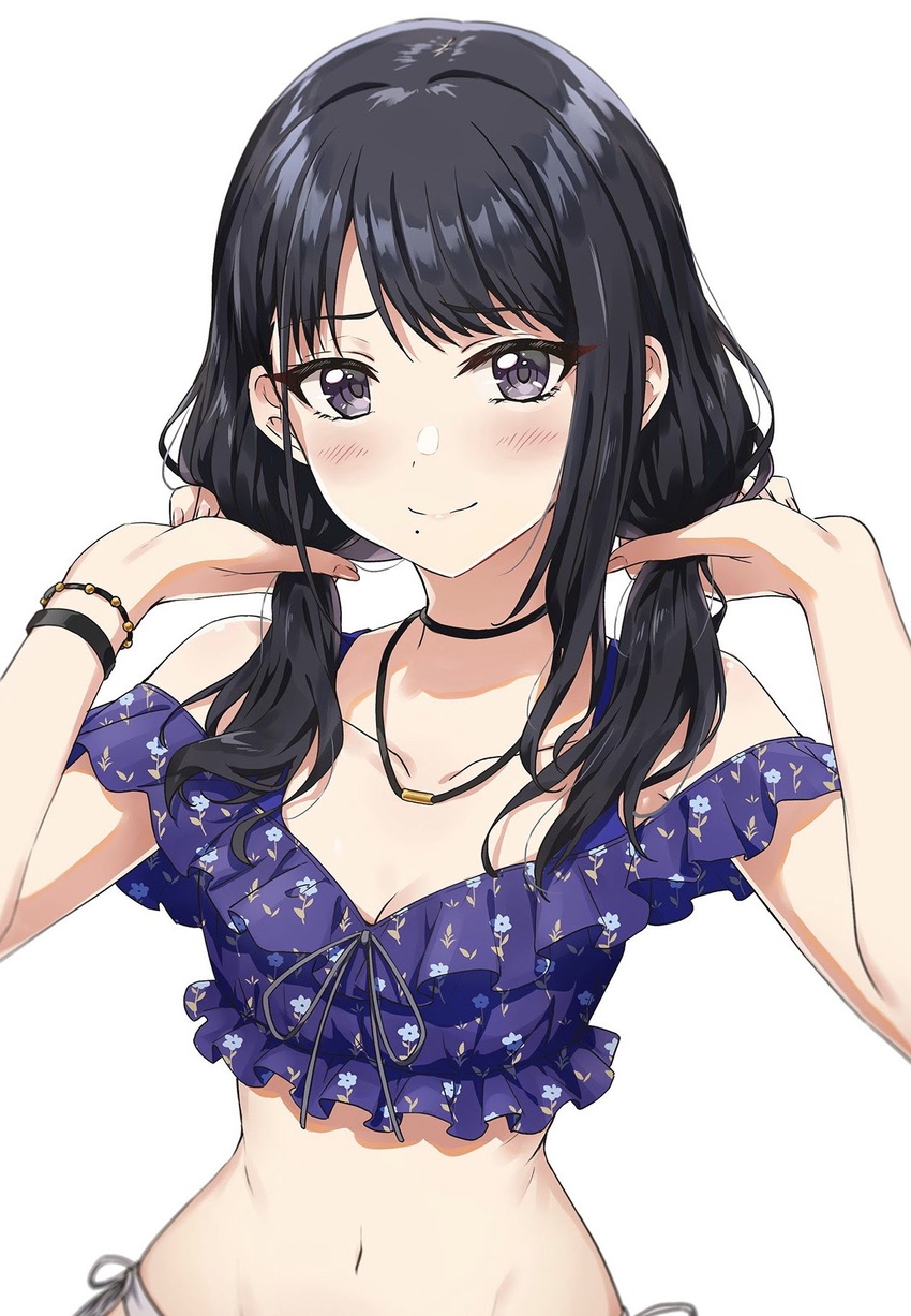 ayano_yuu_(sonma_1426) bare_shoulders black_choker black_eyes black_hair blush bracelet choker collarbone female hands_in_hair highres idolmaster idolmaster_shiny_colors jewelry kazano_hiori long_hair looking_at_viewer low_twintails mole mole_under_mouth navel off-shoulder_shirt off_shoulder shirt simple_background smile solo swimsuit twintails white_background