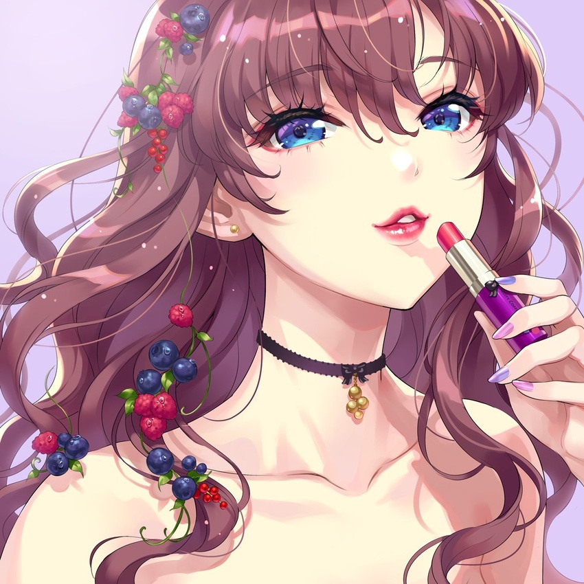 bare_shoulders black_bow blue_eyes blueberry blush bow bow_choker brown_hair choker collarbone cosmetics ear_piercing female food fruit gradient_background hair_between_eyes hair_fruit highres holding holding_lipstick_tube ichinose_shiki idolmaster idolmaster_cinderella_girls lipstick lipstick_tube long_hair looking_at_viewer makeup multicolored_nails nail_polish nishimura_eri parted_lips piercing plant raspberry smile solo upper_body vines