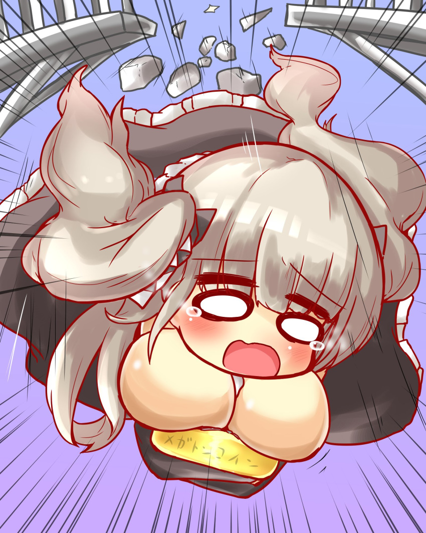 azur_lane breasts bridge broken_bridge commentary_request emphasis_lines enostal falling fat_joke female formidable_(azur_lane) grey_hair highres large_breasts open_mouth solid_oval_eyes solo tears translated twintails