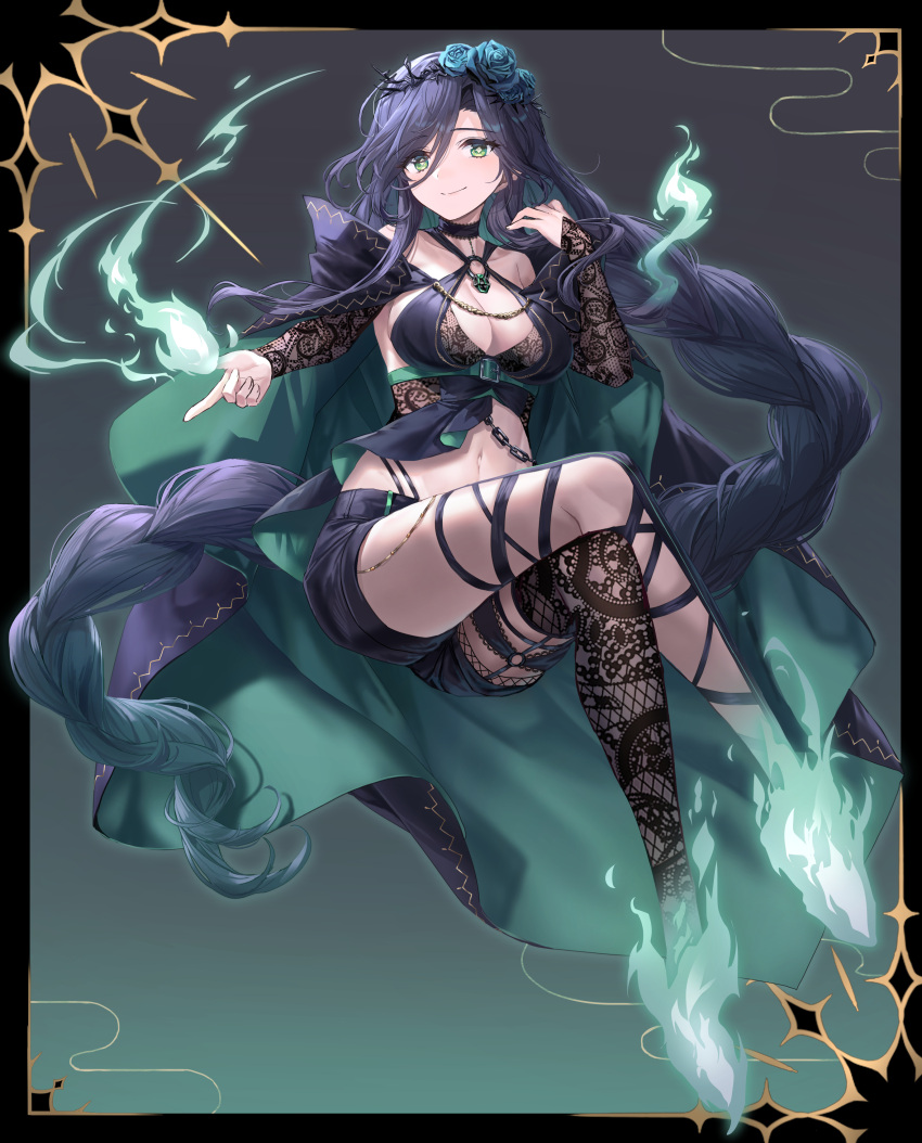 absurdly_long_hair absurdres asymmetrical_legwear bad_id bad_pixiv_id black_choker black_ribbon black_shorts blue_flower braid breasts choker cleavage closed_mouth collarbone commission crossed_legs diadem female floating_hair flower framed full_body green_eyes grey_hair hair_between_eyes hair_flower hair_ornament head_wreath highres large_breasts leg_ribbon long_hair long_sleeves original ribbon shichigatsu short_shorts shorts sitting skeb_commission smile solo thighhighs twin_braids twintails very_long_hair