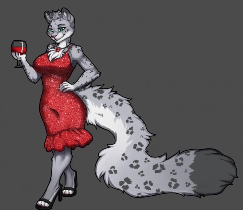 alcohol anthro beverage big_tail clothing dress ear_piercing felid female footwear green_eyes high_heels industrial_piercing jewelry mammal necklace pantherine piercing shapeshifterprincess shoes simple_background snow_leopard solo spots sya_ruusa tail wine