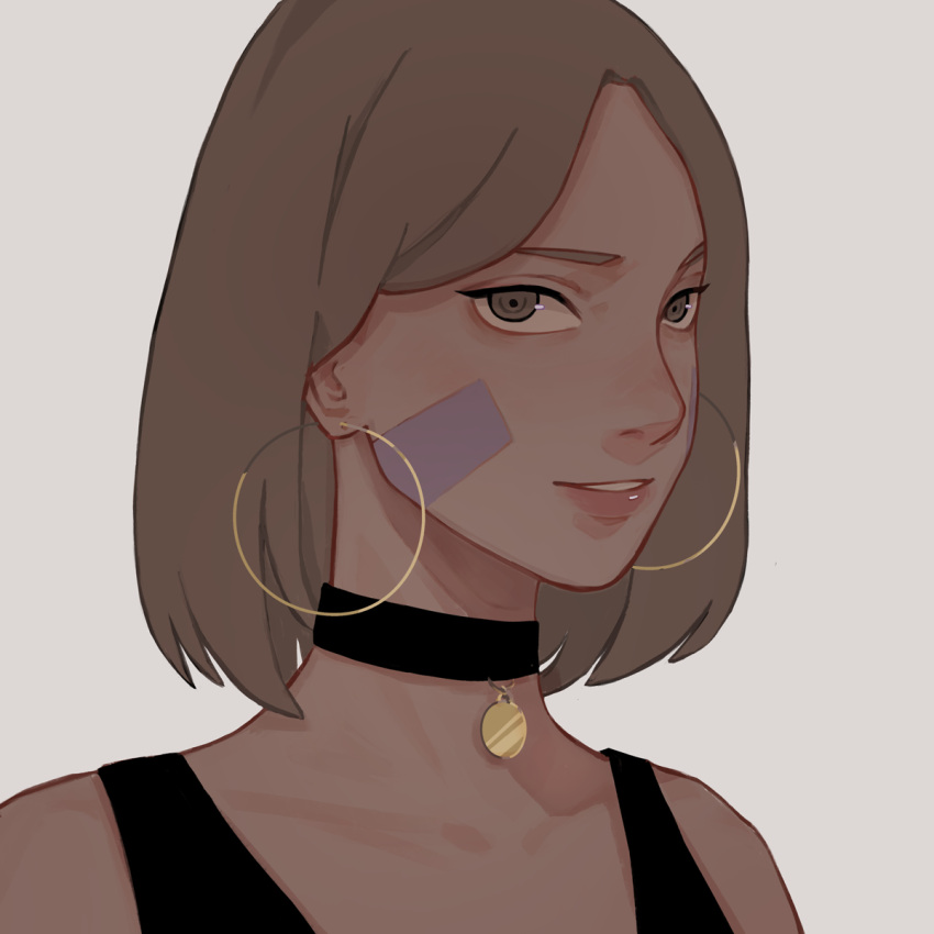 bare_shoulders black_choker brown_hair chinese_commentary choker collarbone commentary datomato earrings facial_mark female highres hoop_earrings jewelry lips looking_at_viewer naruto_(series) naruto_shippuuden nohara_rin parted_lips pink_lips portrait short_hair sleeveless smile solo