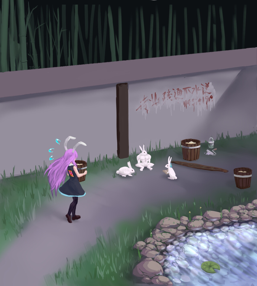 animal_ears bamboo bamboo_forest black_dress brown_footwear bucket cookie_(touhou) dress female forest grass highres lily_pad nature paint paint_can paint_roller pond purple_hair rabbit rabbit_ears rabbit_tail reisen_udongein_inaba stone tail tongjm touhou translation_request wall water white_hair writing writing_on_wall yaoyao_(cookie)