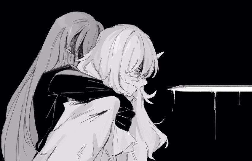 1boy angelica_(project_moon) argalia_(project_moon) ascot at_knifepoint black_background blood blood_on_face blood_on_weapon brother_and_sister closed_eyes female from_side gloves greyscale highres hug hug_from_behind jacket library_of_ruina long_hair looking_ahead monochrome mu46016419 parted_lips pointing_sword pointing_weapon profile project_moon shaded_face shirt siblings simple_background sword tears upper_body weapon