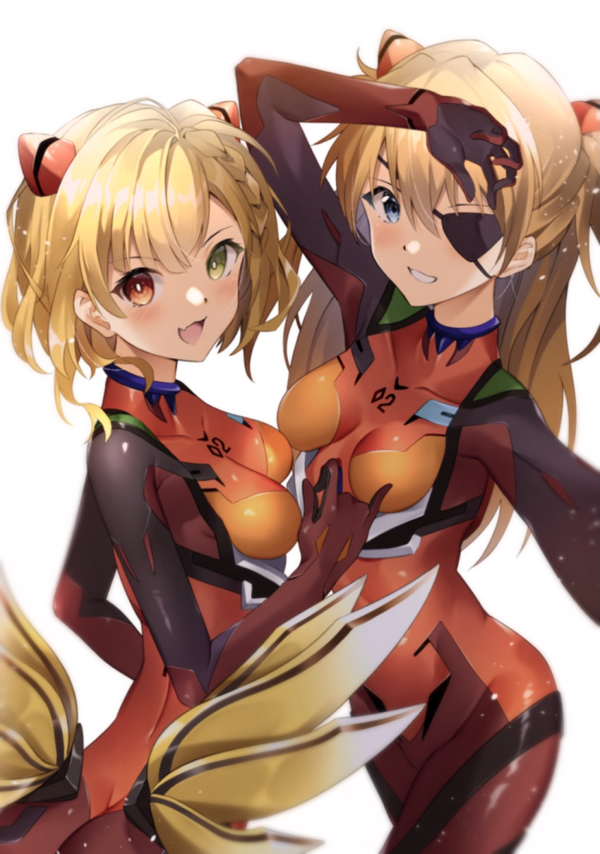 2girls @shun bodysuit braid breasts charlotte_(shironeko_project) cosplay evangelion:_3.0_you_can_(not)_redo eyepatch heterochromia highres interface_headset long_hair looking_at_viewer medium_breasts multiple_girls neon_genesis_evangelion numbered plugsuit rebuild_of_evangelion red_bodysuit shironeko_project short_hair souryuu_asuka_langley souryuu_asuka_langley_(cosplay) two_side_up