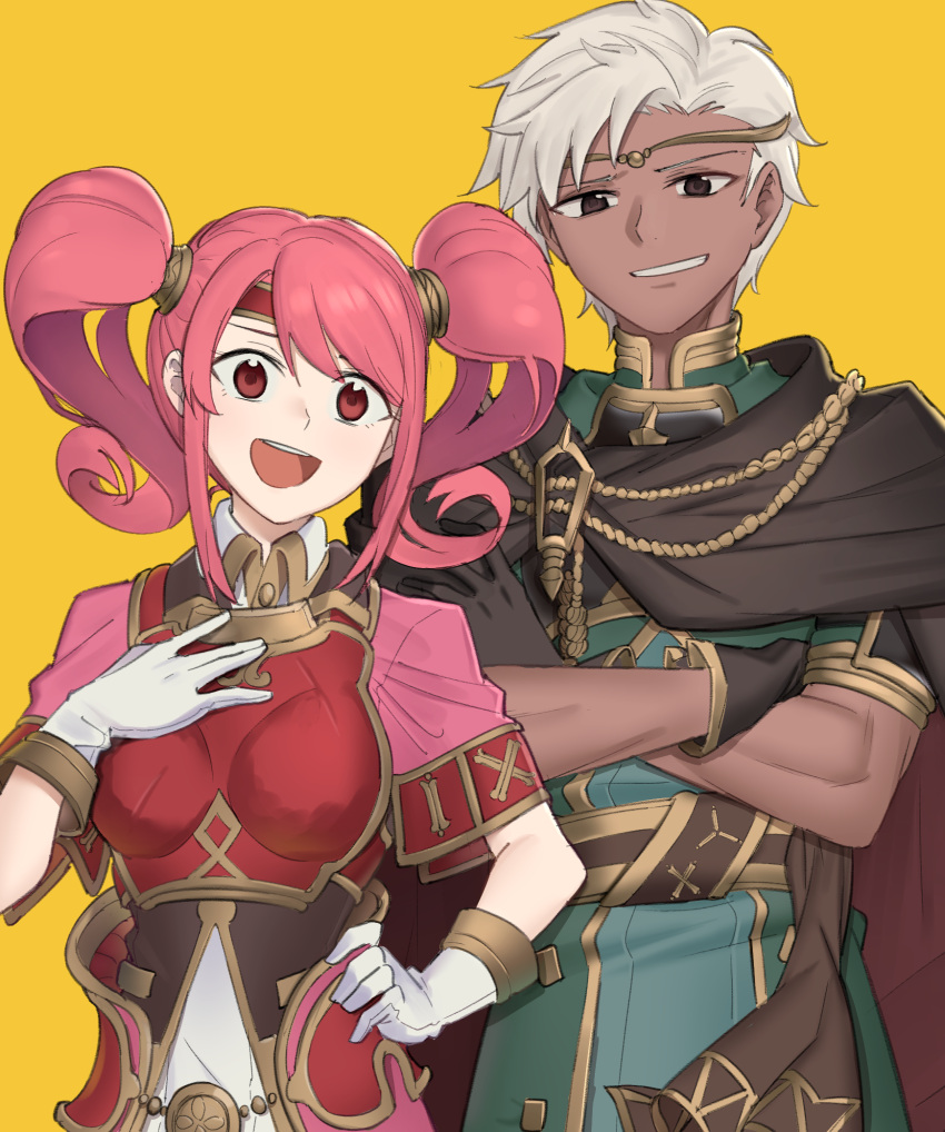 1boy armor boey_(fire_emblem) breastplate brown_cape brown_eyes cape crossed_arms dark-skinned_male dark_skin ebinku female fire_emblem fire_emblem_echoes:_shadows_of_valentia gloves green_robe grey_gloves grin hand_on_own_chest hand_on_own_hip highres looking_at_viewer mae_(fire_emblem) open_mouth pink_hair red_armor red_eyes robe sidelocks smile twintails white_gloves white_hair