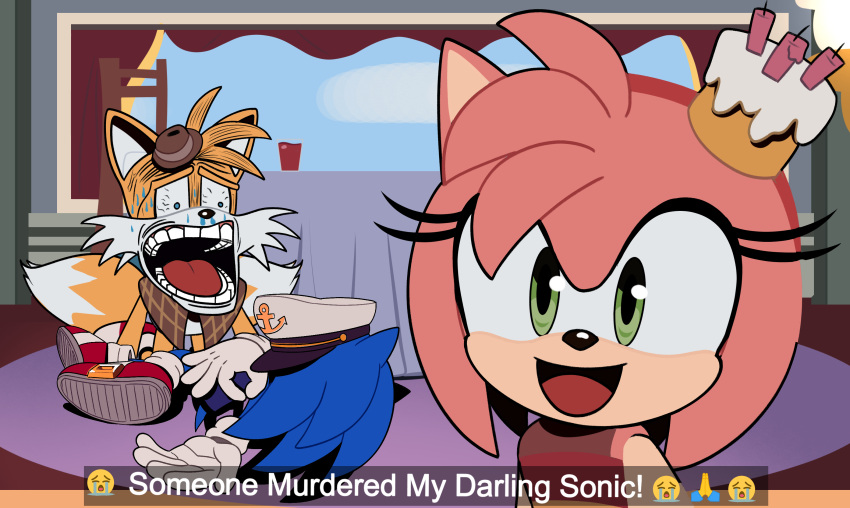 amy_rose anthro april_fools'_day blue_archer_(artist) camera_view canid canine circle_game damn_daniel death emoji eulipotyphlan family_guy_death_pose female fox group happy hedgehog hi_res holidays humor looking_at_viewer male male_death mammal meme on_model sad sega selfie simple_background snapchat sonic_the_hedgehog sonic_the_hedgehog_(series) tails the_murder_of_sonic_the_hedgehog thin_calves thin_legs thin_thighs trio