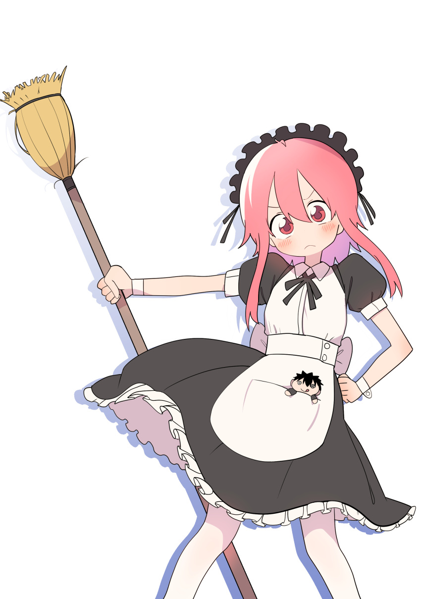 absurdres alternate_costume apron black_dress blush broom bural_chingu character_doll commentary dress enmaided female frilled_apron frilled_dress frills hair_between_eyes highres kang_min-cheol korean_commentary lee_ji-eun looking_at_viewer luke_(dydansgur) maid maid_apron maid_headdress pantyhose pink_eyes pink_hair puffy_short_sleeves puffy_sleeves short_hair_with_long_locks short_sleeves sidelocks solo waist_apron white_apron white_pantyhose wrist_cuffs