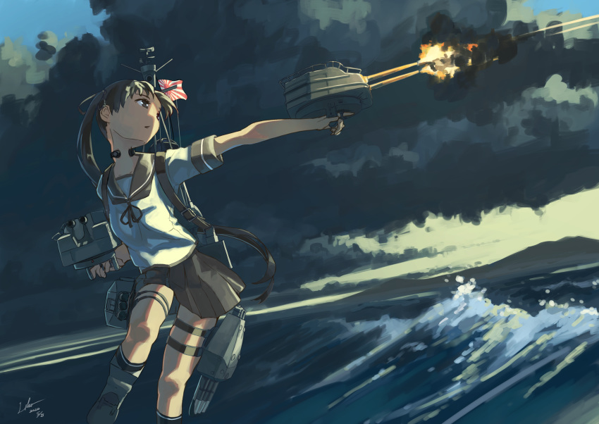 absurdres aiming ayanami_(kancolle) blurry brown_eyes brown_hair cloud commentary_request dark dated depth_of_field dutch_angle female firing flag highres hill kantai_collection kneehighs laminar_flow long_hair looking_to_the_side ocean open_mouth outstretched_arm pleated_skirt rising_sun_flag school_uniform serafuku side_ponytail signature skirt sky socks solo sunburst sunlight thigh_strap throat_microphone turret water waving