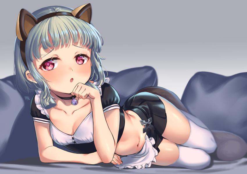 absurdres alternate_costume animal_ears apron ass bed_sheet bell blunt_bangs blush breasts cat_ears cat_girl cat_tail cleavage collarbone commentary_request enmaided fake_animal_ears fake_tail female genshin_impact grey_hair highres looking_at_viewer lying maid maid_apron midriff navel neck_bell on_stomach parted_lips paw_pose piano-alice pillow pleated_skirt puffy_short_sleeves puffy_sleeves purple_eyes sayu_(genshin_impact) short_hair short_sleeves shuriken sidelocks simple_background skirt solo tail thighhighs twisted_torso weapon white_thighhighs zettai_ryouiki