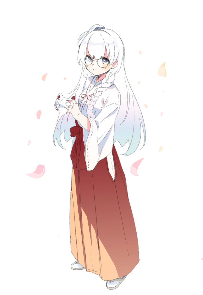 alternate_costume azur_lane bad_id bad_pixiv_id blue_eyes braid cherry_blossoms closed_mouth edinburgh_(azur_lane) female fox_mask full_body geta glasses hakama hakama_skirt highres hina_(bird_salty) holding holding_mask japanese_clothes kimono long_hair long_sleeves looking_at_viewer mask miko red_hakama round_eyewear side_braid single_braid skirt smile solo standing tabi white_hair white_kimono wide_sleeves