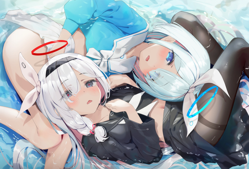 2girls 69 absurdres arona_(blue_archive) bare_legs between_legs black_hairband black_serafuku blue_archive blue_eyes blue_hair blush braid from_above gusha_s hair_over_one_eye hair_ribbon hairband halo head_between_thighs highres knee_up knees_up leg_up long_hair looking_at_viewer looking_back looking_up lying medium_hair midriff multicolored_hair multiple_girls navel neckerchief on_back on_side open_mouth pantyhose partially_submerged pink_hair plana_(blue_archive) pleated_skirt ribbon sailor_collar school_uniform serafuku single_braid skirt two-tone_hair upskirt very_long_hair wet wet_clothes white_hair white_hairband white_neckerchief white_ribbon white_skirt