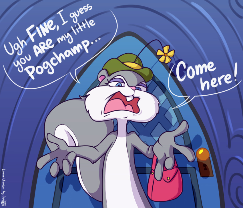 2021 animaniacs anthro clothing comic_panel dsp2003 female hat headgear headwear mammal manwithnobats meme open_mouth parody pogchamp purse rodent sciurid slappy_squirrel solo tree_squirrel ugh_fine_i_guess_you_are_my_little_pogchamp warner_brothers