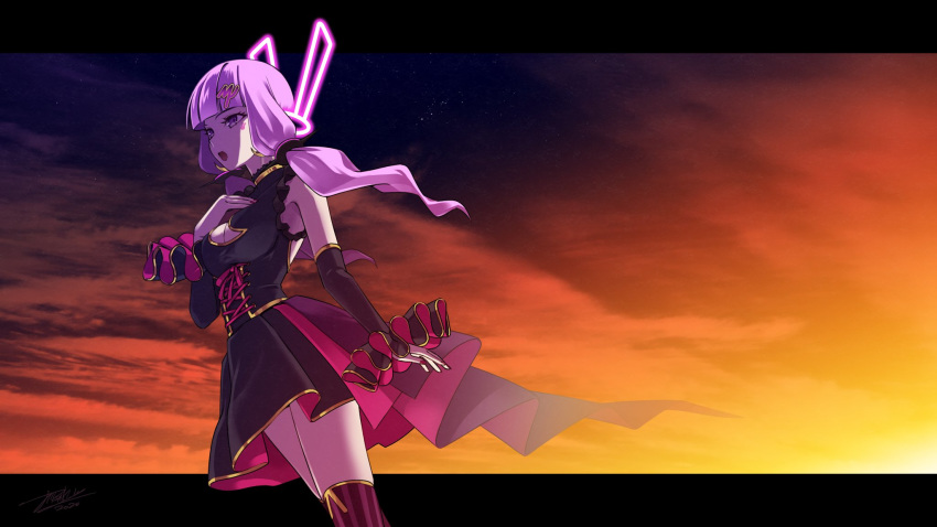 black_dress black_sleeves blunt_bangs commentary corset cowboy_shot cross-laced_clothes cross-laced_corset detached_sleeves dress female frilled_sleeves frills glowing hair_ornament hairclip hand_on_own_chest highres letterboxed purple_eyes purple_hair sleeveless sleeveless_dress solo thighhighs twilight vocaloid voiceroid watanabe_hiroaki yuzuki_yukari yuzuki_yukari_(mu)