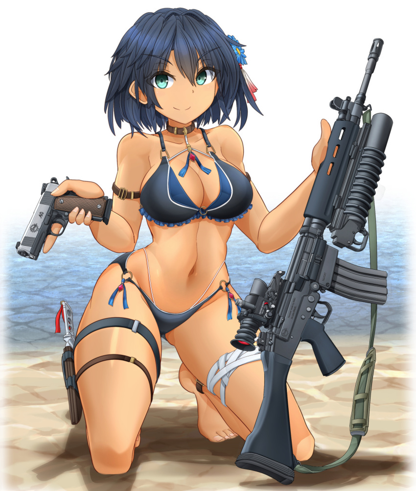 absurdres assault_rifle battle_rifle beach bikini black_bikini black_hair breasts female fn_fal green_eyes grenade_launcher gun handgun highres holding holding_gun holding_weapon holster imbel_ia2 knife large_breasts m1911 m203 magazine_(weapon) mikeran_(mikelan) multi-strapped_bikini navel o-ring o-ring_bikini o-ring_bottom ocean original rifle scope short_hair smile solo swimsuit thigh_holster thigh_strap underbarrel_grenade_launcher variant_set weapon