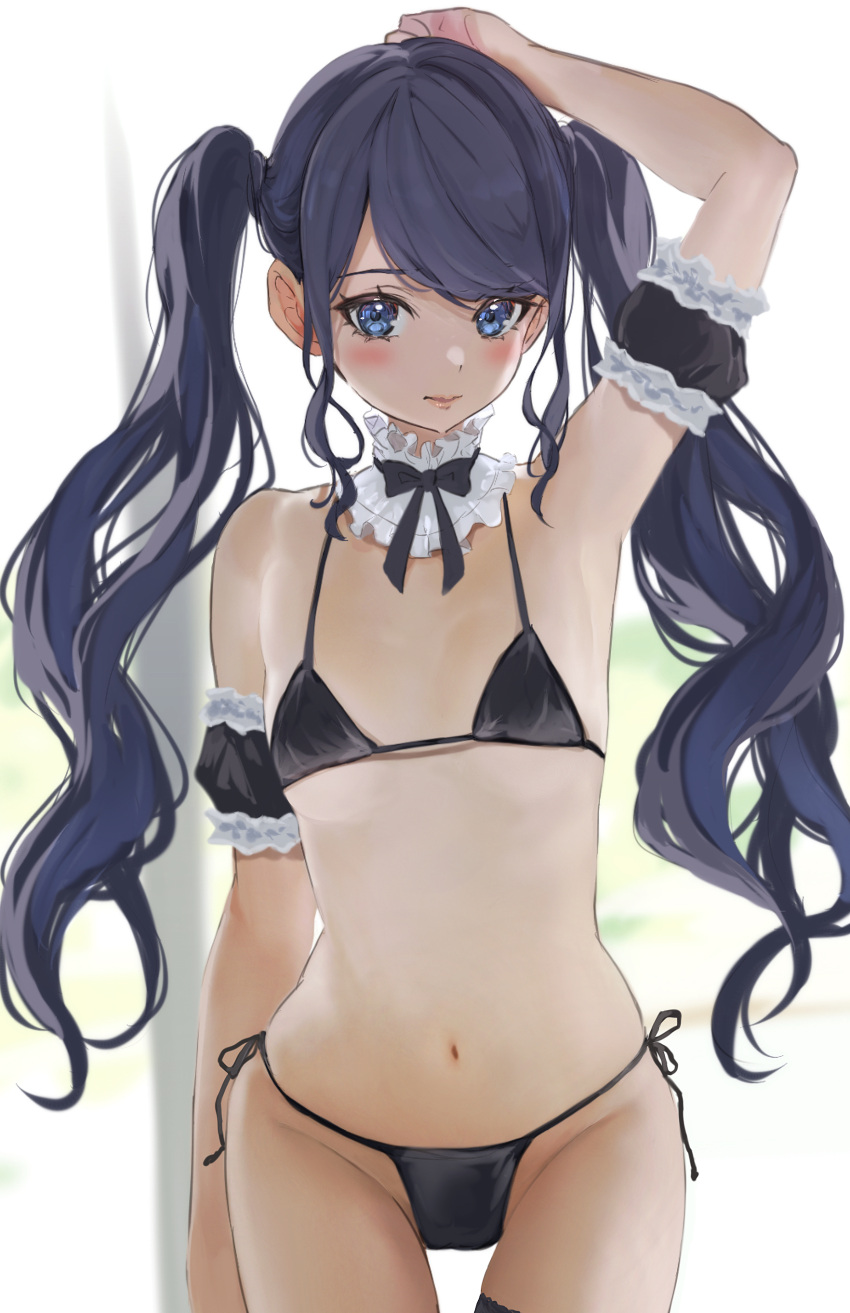 absurdres arm_garter arm_up armpits bad_id bad_pixiv_id bikini black_bikini black_ribbon blue_eyes blush breasts detached_collar female highres icehotmilktea lips long_hair looking_at_viewer navel original ribbon side-tie_bikini_bottom simple_background small_breasts solo swimsuit twintails