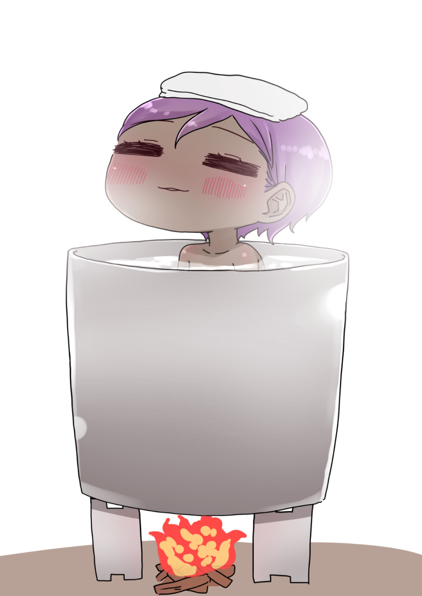 =_= bath bathing blush chibi closed_eyes collarbone commentary_request dark-skinned_female dark_skin drum_bath facing_viewer fate/prototype fate/prototype:_fragments_of_blue_and_silver fate_(series) female fire fireworks hassan_of_serenity_(fate) highres i.u.y nude parted_lips partially_submerged purple_hair simple_background solo steam towel towel_on_head very_dark_skin water white_background