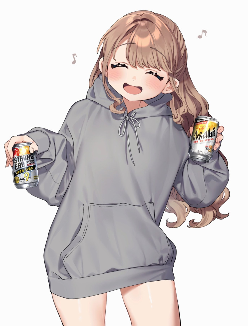 :d ^_^ alcohol asahi_breweries beer beer_can brand_name_imitation brown_hair can closed_eyes commentary drink_can female grey_background grey_jacket highres holding holding_can jacket kodama's_elder_sister_(sakura_yuki) long_hair long_sleeves musical_note open_mouth original parted_bangs sakura_yuki_(clochette) simple_background smile solo strong_zero