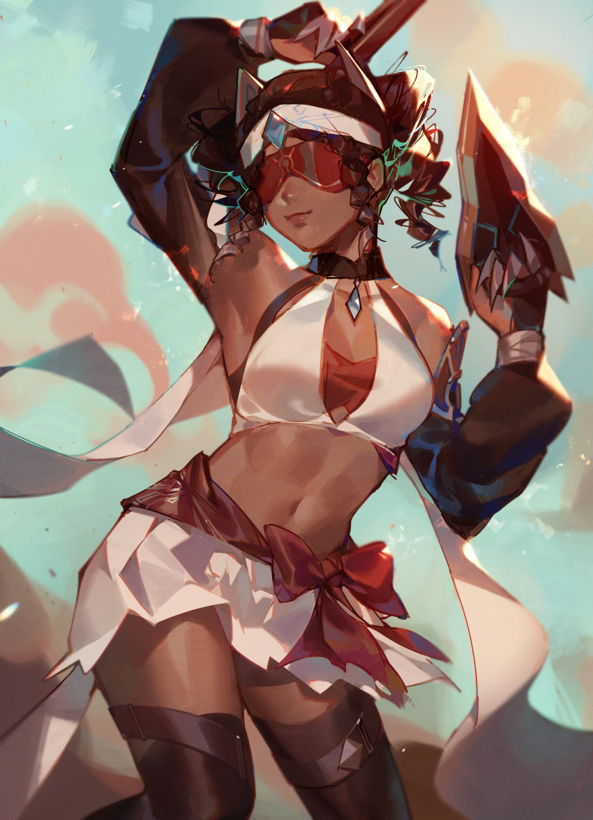 absurdres arm_up armpits bare_shoulders blade blindfold bow bra braid breasts brown_choker brown_hair brown_sleeves brown_thighhighs choker cleavage closed_mouth commentary covered_eyes crop_top curly_hair dark-skinned_female dark_skin detached_sleeves drill_hair elodeas english_commentary eremite_(faction) eremite_desert_clearwater_(genshin_impact) female genshin_impact headband highres holding holding_weapon long_sleeves midriff navel painterly puffy_long_sleeves puffy_sleeves red_blindfold red_bow red_bra skirt smile solo standing thigh_strap thighhighs twin_drills underwear waist_bow weapon white_bra white_headband white_skirt