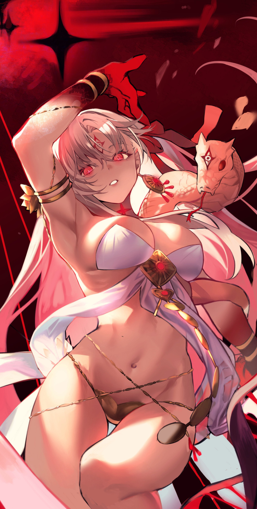 absurdres arm_up armlet armpits bare_shoulders belly_chain body_markings bracelet breasts cleavage colored_skin durga_(fate) earrings facial_mark fate/grand_order fate_(series) female forehead_mark gradient_skin grey_hair hair_ribbon highres hiro_(hirohiro_gorira) jewelry large_breasts long_hair looking_to_the_side navel pelvic_curtain red_eyes red_skin revealing_clothes ribbon sash snake solo thighs very_long_hair