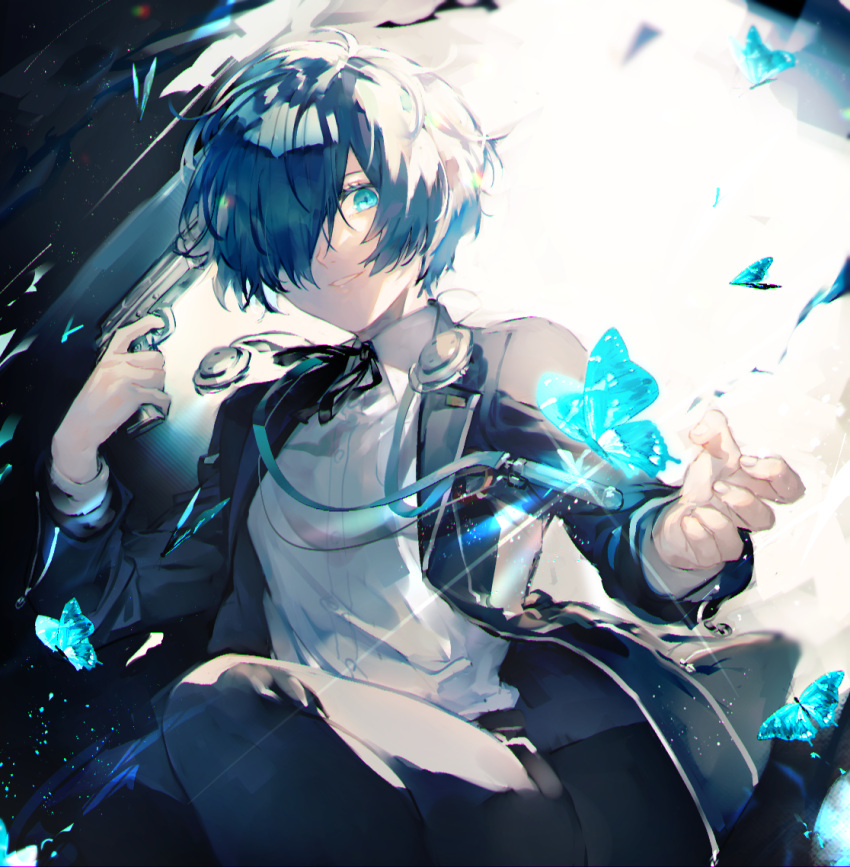 1boy bishounen black_jacket black_pants black_ribbon blue_eyes blue_hair bug butterfly collared_shirt dress_shirt gekkoukan_high_school_uniform gun hair_over_one_eye handgun holding holding_gun holding_weapon jacket long_sleeves looking_at_viewer lor_(roasyerizyonirapi) male_focus neck_ribbon open_clothes open_jacket pants persona persona_3 ribbon school_uniform shirt short_hair solo weapon white_shirt wing_collar yuuki_makoto_(persona_3)