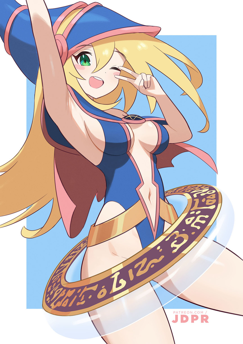 ;d adapted_costume arm_up armpits blonde_hair blue_background blue_hat blue_one-piece_swimsuit blush_stickers border breasts breasts_apart capelet casual_one-piece_swimsuit center_opening commentary cowboy_shot dark_magical_circle dark_magician_girl duel_monster english_commentary female flipped_hair from_side green_eyes groin hair_between_eyes hand_up hat highleg highleg_swimsuit highres innertube jdpr large_breasts long_hair looking_at_viewer magic_circle navel one-piece_swimsuit one_eye_closed open_mouth outside_border patreon_username pentacle pink_capelet presenting_armpit runes sideboob simple_background smile solo standing swept_bangs swim_ring swimsuit teeth thighs transparent upper_teeth_only v v_over_eye very_long_hair web_address white_border wizard_hat yu-gi-oh!