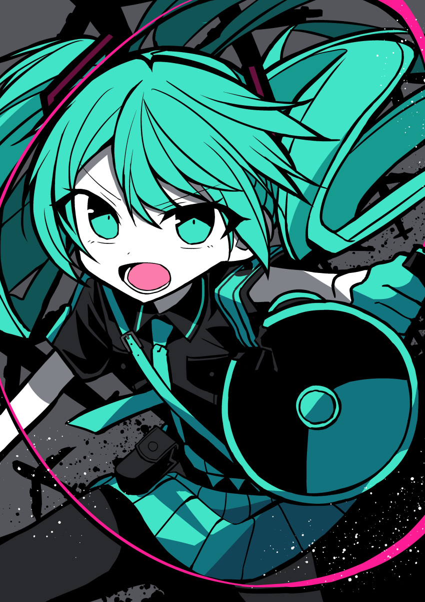 absurdres aircraft airplane aqua_eyes aqua_gloves aqua_hair aqua_necktie aqua_skirt armband black_legwear black_shirt cable colored_skin commentary female gloves grey_background hair_ornament hatsune_miku highres holding holding_megaphone kasaki_sakura koi_wa_sensou_(vocaloid) long_hair looking_at_viewer megaphone military military_uniform miniskirt necktie open_mouth pleated_skirt shirt short_sleeves silhouette skirt solo twintails uniform v-shaped_eyebrows very_long_hair vocaloid white_skin