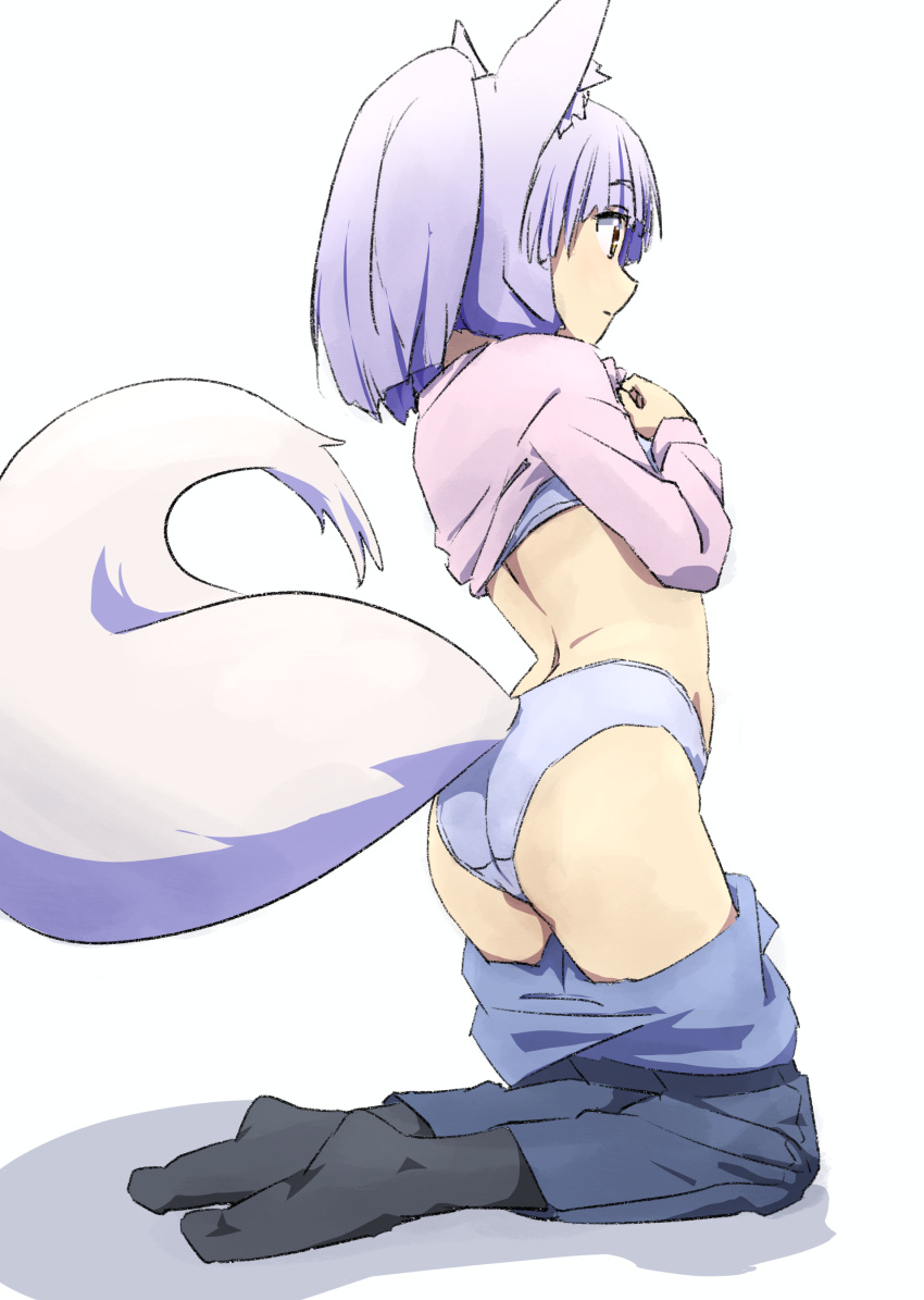 absurdres animal_ears ass back black_socks blue_bra blue_hair blue_panties blue_pants bra clothes_lift clothes_pull commentary female fox_ears fox_girl fox_tail from_behind highres kneeling lifting_own_clothes long_sleeves looking_ahead machikado_mazoku oekakiism panties pants pants_pull purple_sweater riko_(machikado_mazoku) shadow short_hair simple_background socks solo sweater sweater_lift tail thighs underwear white_background yellow_eyes