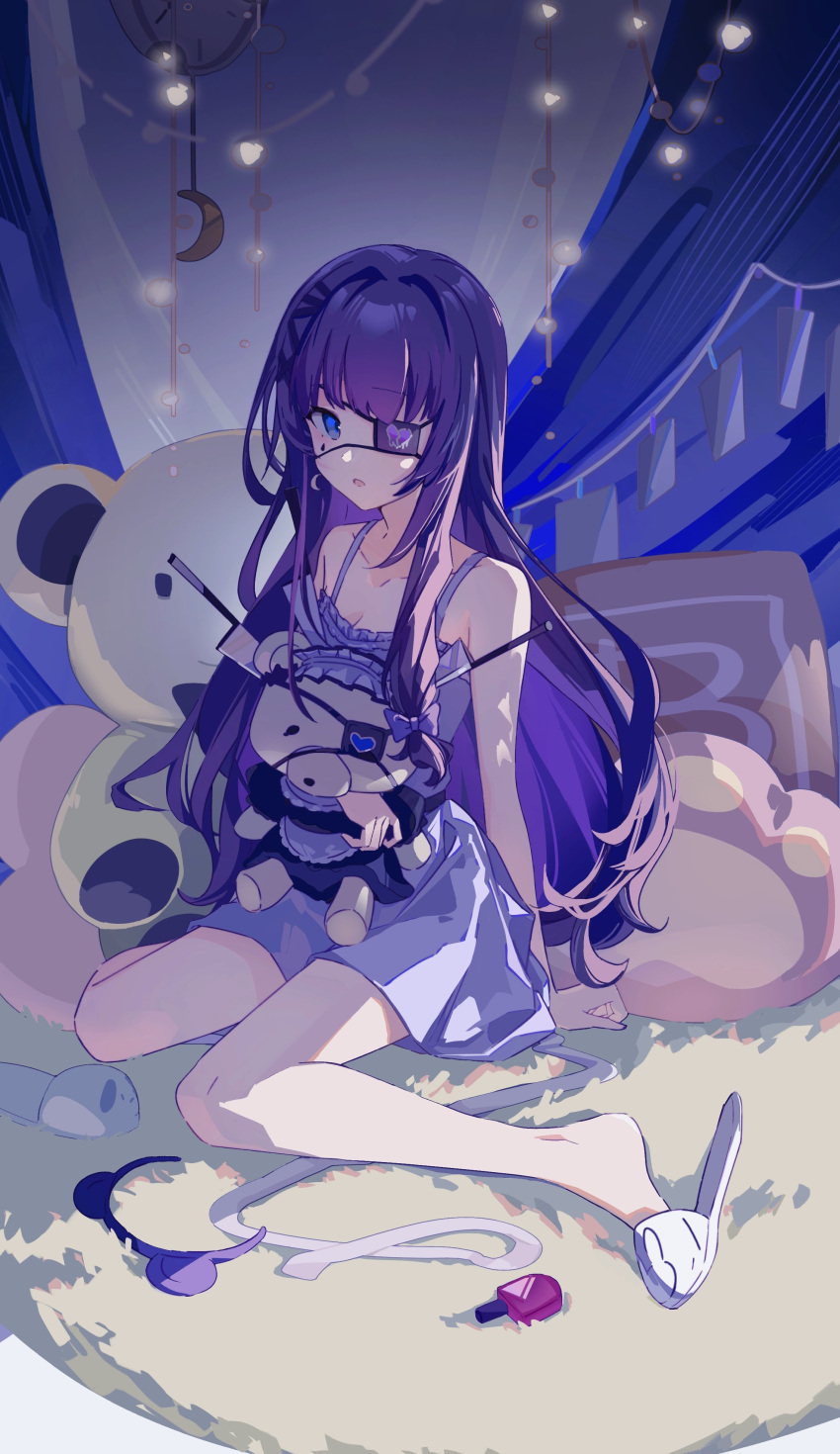 absurdres aiba_uiha blue_eyes dress eyepatch female highres izy_(xincun_izy) long_hair nijisanji open_mouth pillow purple_hair sitting sleeveless sleeveless_dress solo stuffed_animal stuffed_toy teddy_bear virtual_youtuber wariza white_dress