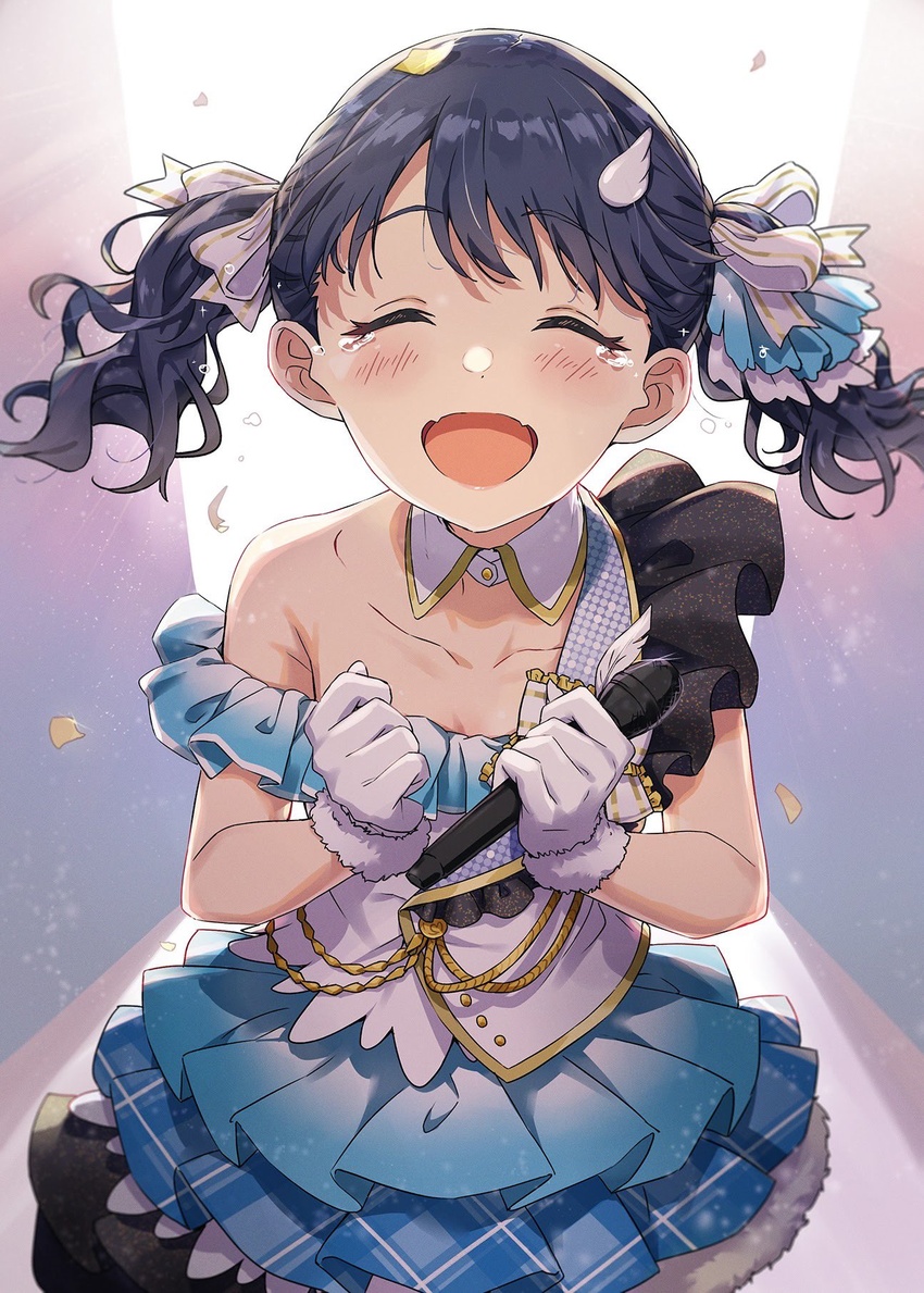 ayano_yuu_(sonma_1426) black_hair closed_eyes collarbone commentary_request confetti detached_collar fangs female fukumaru_koito gloves hair_ribbon highres idolmaster idolmaster_shiny_colors layered_skirt microphone oerba_yun_fang open_mouth ribbon single_bare_shoulder skin_fang skirt solo tearing_up tears twintails white_gloves