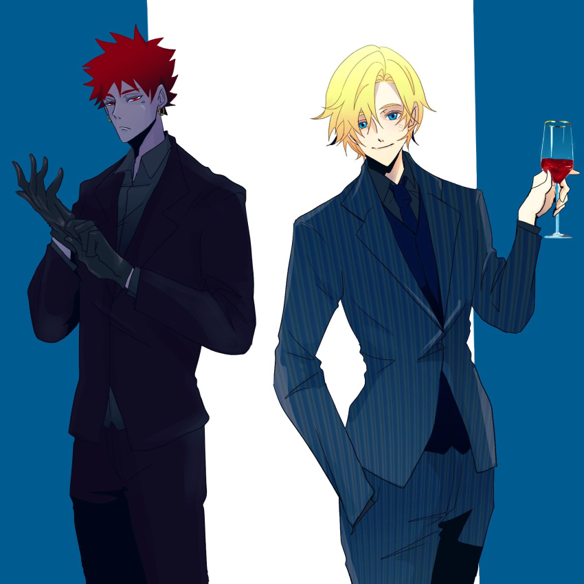 2boys adjusting_clothes adjusting_gloves aeka_(0ameiro0) birthmark blonde_hair colored_skin cup drinking_glass formal glalda gloves highres kurda_smahlt multiple_boys purple_skin red_hair scar scar_on_cheek scar_on_face short_hair smile suit the_saga_of_darren_shan wine_glass