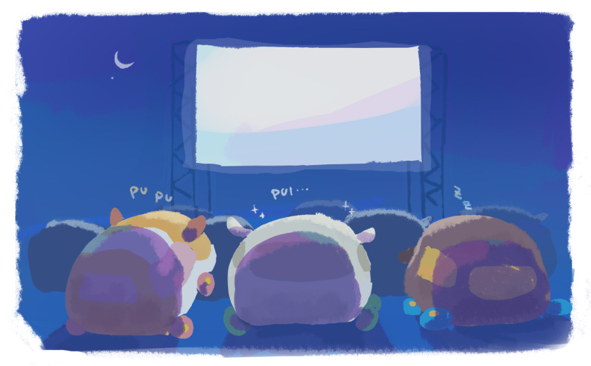 animal_focus choco_(pui_pui_molcar) commentary crescent_moon drive-in excited from_behind guinea_pig molcar moon motimamire night no_humans potato_(pui_pui_molcar) projector_screen pui_pui_molcar shiromo_(pui_pui_molcar) sleeping sparkle zzz