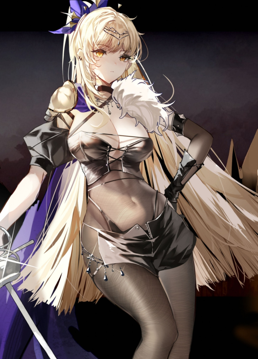 armor blonde_hair breasts cleavage covered_navel cross-laced_clothes cross-laced_top ear_piercing elbow_gloves female fur_trim gloves hair_ribbon high-waist_pantyhose high_ponytail highleg highleg_panties highres holding holding_weapon jewelry large_breasts long_hair necklace original panties pantyhose piercing puffy_sleeves ribbon shoulder_armor single_elbow_glove skirt thighs underwear very_long_hair weapon xiongshouji yellow_eyes