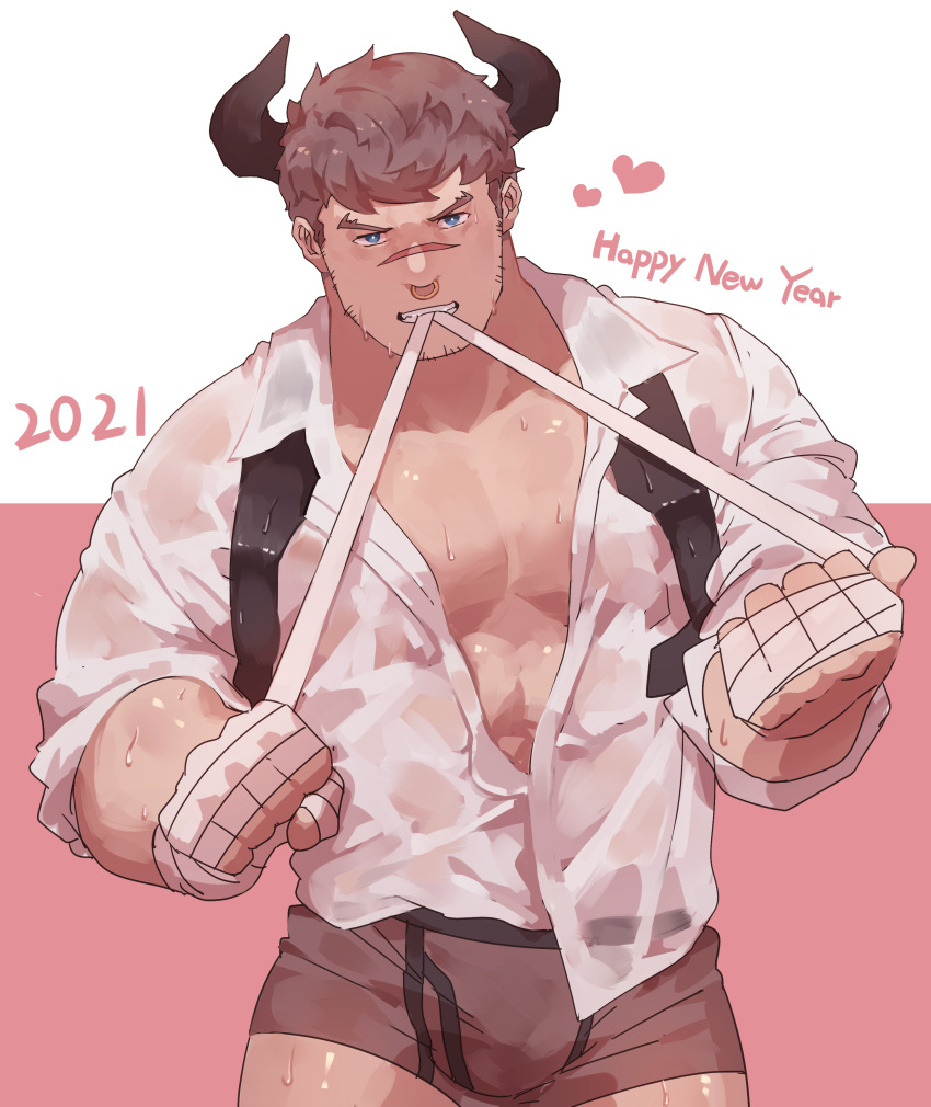 1boy 2021 abs absurdres bandages bara blue_eyes boxer_briefs brown_male_underwear bulge chinese_zodiac commentary cow_boy cow_horns cowboy_shot facial_hair guoguo happy_new_year highres horns large_pectorals looking_at_viewer male_focus male_underwear muscular muscular_male new_year open_clothes original partially_unbuttoned pectoral_cleavage pectorals scar scar_on_face scar_on_nose see-through shirt short_hair solo stomach stubble thighs underwear wet wet_clothes wet_shirt white_shirt year_of_the_ox