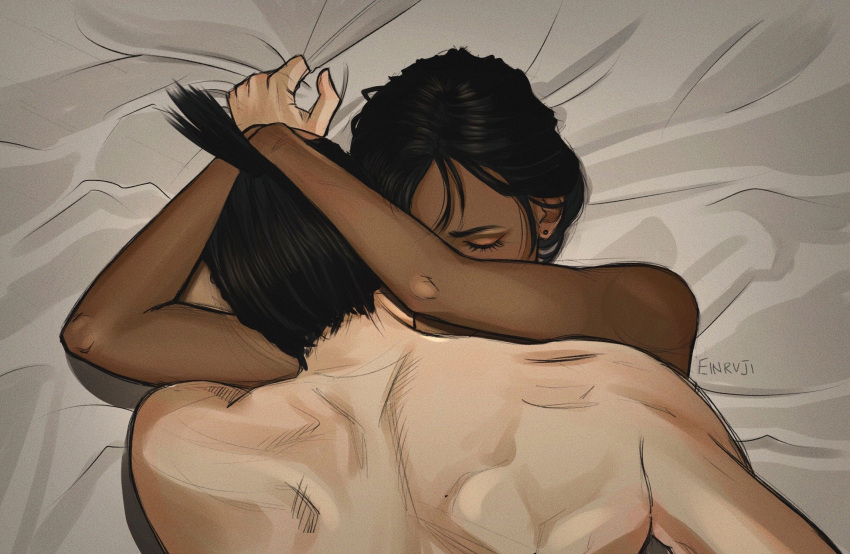 1boy back bed bed_sheet black_hair chainsaw_man closed_eyes completely_nude dark-skinned_female dark_skin earrings einruji eyelashes female hayakawa_aki head_grab highres hug implied_sex jewelry muscular muscular_male nude on_bed sheet_grab short_hair straight topknot