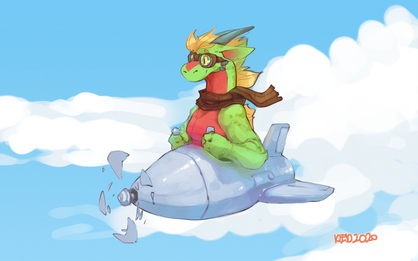 16:10 2020 aircraft airplane anthro blonde_hair cloud dracaris dragon eyewear flying goggles green_body green_scales grey_horn grey_spikes hair hi_res horn male multicolored_body multicolored_scales mythological_creature mythological_scalie mythology propeller red_body red_scales redishdragie scales scalie scarf signature sky solo spikes two_tone_body two_tone_scales vehicle widescreen yellow_eyes