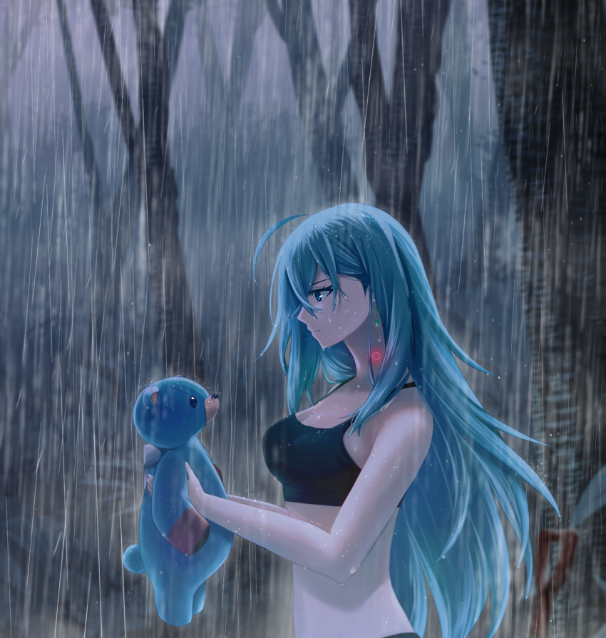 abc03219 ahoge bad_id bad_pixiv_id bare_arms black_sports_bra blue_eyes blue_hair breasts cleavage closed_mouth commission female from_side hair_between_eyes highres long_hair matsumoto_(vivy) medium_breasts midriff outdoors pixiv_commission rain sports_bra stomach straight_hair very_long_hair vivy vivy:_fluorite_eye's_song wet wet_hair