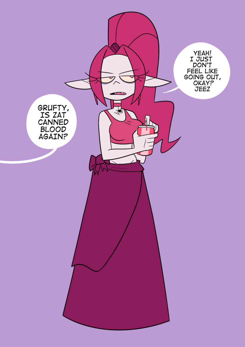 2018 beverage blood bodily_fluids bottomwear can choker clothing container crop_top crotch_lines english_text fangs female gruftine hair herny hi_res humanoid humanoid_pointy_ears jewelry long_skirt midriff necklace not_furry ponytail purple_background school_for_vampires shirt simple_background skirt solo teeth text topwear vampire