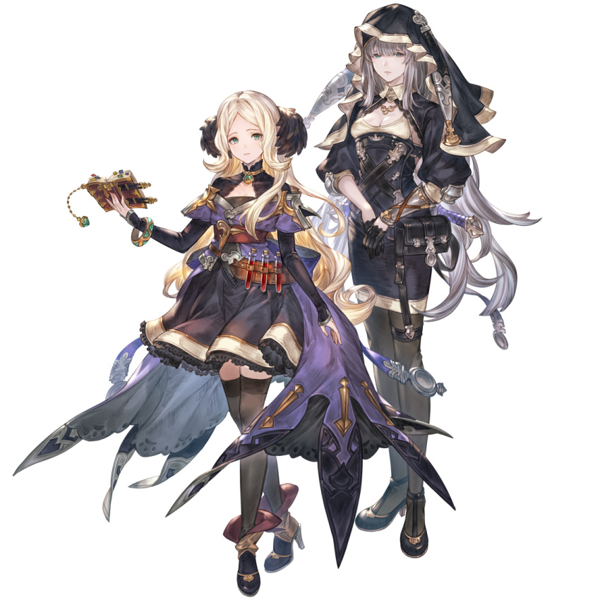 2girls aqua_eyes arm_at_side blonde_hair boots breasts crossed_legs dress fold-over_boots full_body granblue_fantasy green_eyes grey_hair habit hand_up high_heel_boots high_heels long_hair looking_at_viewer medium_breasts minaba_hideo mireille_(granblue_fantasy) multiple_girls nun official_art pantyhose risette_(granblue_fantasy) simple_background skirt small_breasts standing thighhighs transparent_background vial