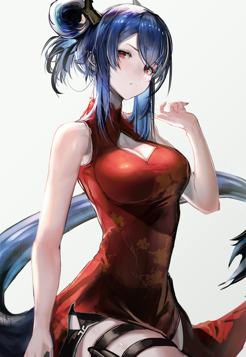 absurdres arknights black_shorts blue_hair breasts ch'en_(ageless_afterglow)_(arknights) ch'en_(arknights) china_dress chinese_clothes cleavage cleavage_cutout closed_mouth clothing_cutout commentary dragon_girl dragon_horns dragon_tail dress female hair_bun hand_up highres hiyaori_(hiyahiyaval) holster horns looking_at_viewer medium_breasts official_alternate_costume red_dress red_eyes short_shorts shorts shorts_under_dress side_slit sidelocks single_hair_bun sleeveless sleeveless_dress solo tail thigh_holster