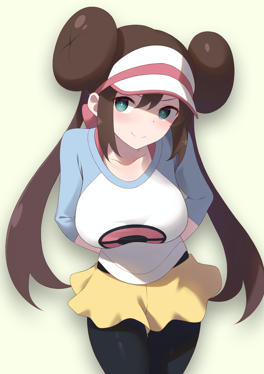 absurdres aqua_eyes arms_behind_back black_pantyhose blush breasts brown_hair closed_mouth collarbone cowboy_shot double_bun female green_eyes hair_bun highres large_breasts long_sleeves momihige pantyhose poke_ball_print pokemon pokemon_bw2 raglan_sleeves rosa_(pokemon) shadow shorts smile solo twintails visor_cap yellow_shorts