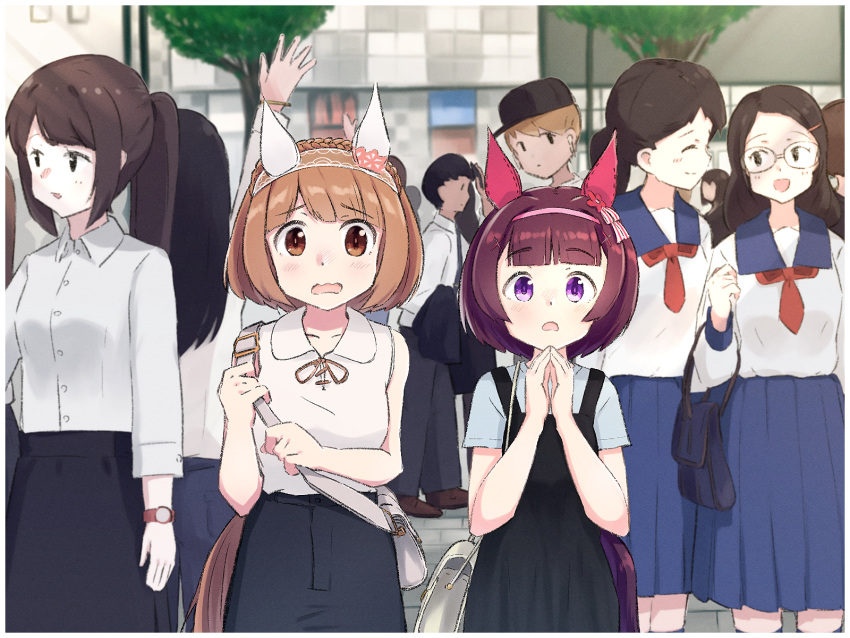 2girls alternate_costume animal_ears bag balladeluce blurry blurry_background brown_eyes brown_hair casual commentary_request crowd handbag headband highres horse_ears horse_girl horse_tail looking_at_viewer multiple_boys multiple_girls nishino_flower_(umamusume) own_hands_clasped own_hands_together school_uniform short_hair tail tree umamusume yukino_bijin_(umamusume)