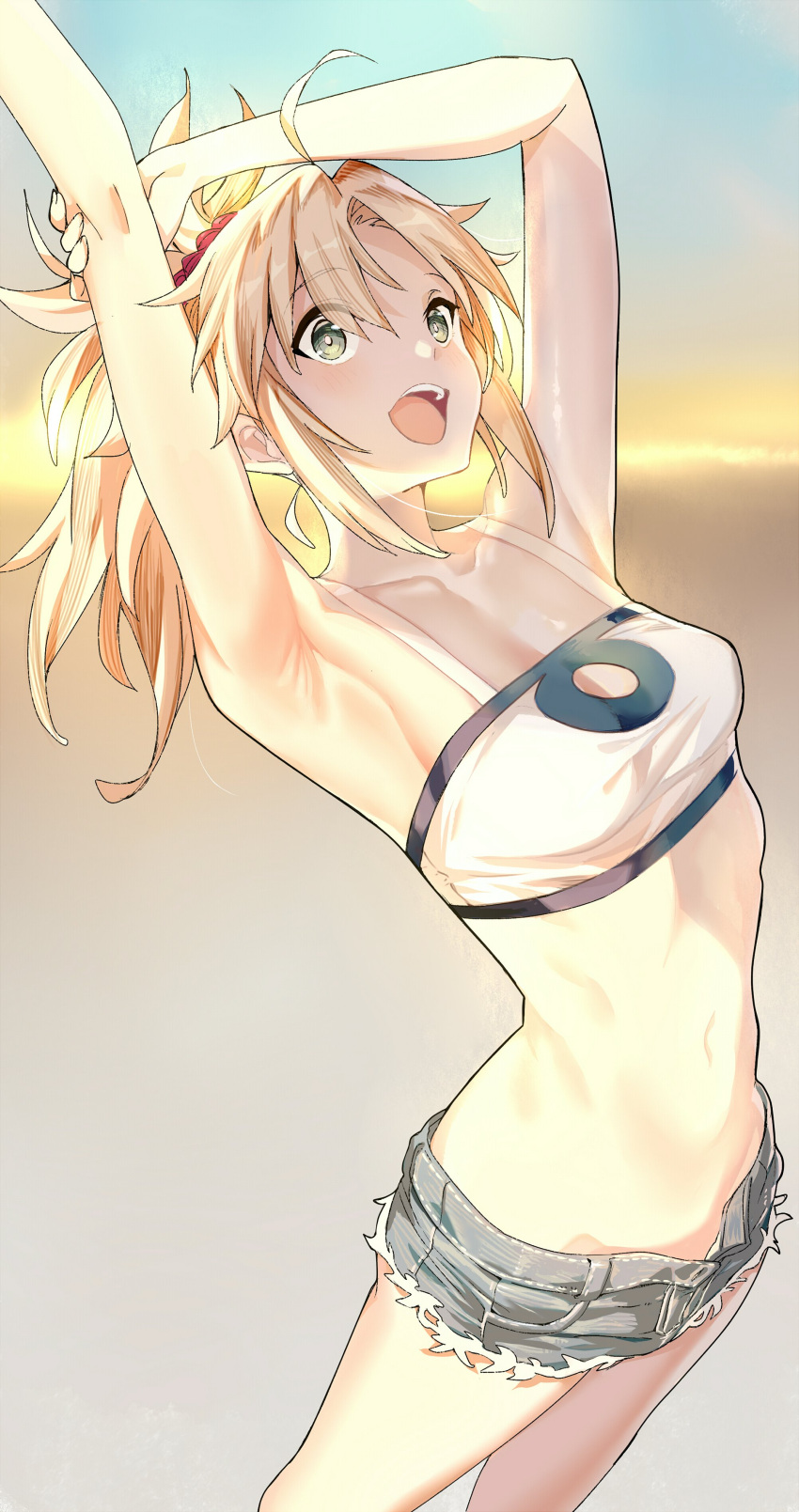 absurdres armpits arms_up bandeau bare_shoulders blonde_hair blue_shorts breasts collarbone commentary cutoffs denim denim_shorts fate/apocrypha fate/grand_order fate_(series) female green_eyes highres long_hair mordred_(fate) mordred_(fate/apocrypha) mordred_(memories_at_trifas)_(fate) navel open_mouth parted_bangs ponytail short_shorts shorts sidelocks small_breasts smile solo symbol-only_commentary thighs tokopi