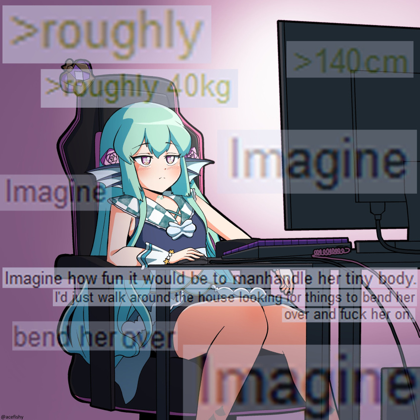 absurdres acefish aqua_hair bare_legs chair english_text feet_out_of_frame female finana_ryugu finana_ryugu_(1st_costume) fins fish_girl frown gaming_chair head_fins highres imagine_(meme) long_hair meme monitor nijisanji nijisanji_en screen_light sitting solo swivel_chair virtual_youtuber