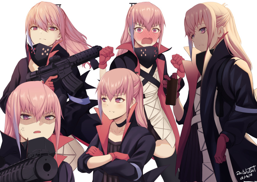 absurdres act_(xadachit) anger_vein ar-15 blush choker closed_mouth coat collarbone crossed_arms embarrassed female girls'_frontline gloves gun hair_between_eyes highres long_hair multicolored_hair multiple_persona open_mouth pink_eyes pink_hair ponytail pout rifle shaded_face sidelocks simple_background st_ar-15_(girls'_frontline) st_ar-15_(mod3)_(girls'_frontline) streaked_hair weapon white_background