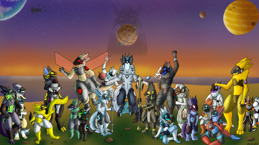 16:9 anthro aries_(lyynxx) armor biogentic_(protogen) blue_eyes breastplate claws crotchplate cybernetics dancing dark_body dark_fur eating female fingers food fur green_eyes group halo happy hi_res hug hunamarts machine male mammal melee_weapon moon multi_ear neck_tuft patting paws planet polearm primagen primogenitor protogen protogen_visor red_eyes shizuka(protogen) spear tail tuft weapon white_body white_eyes white_fur widescreen yellow_body yellow_eyes yellow_fur