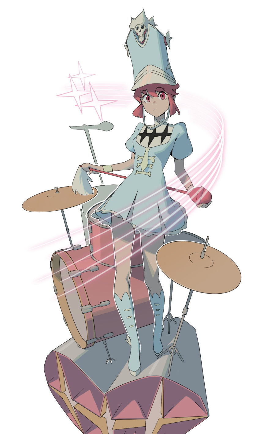 absurdres bone conductor_baton expressionless female full_body hat highres jakuzure_nonon kill_la_kill looking_at_viewer microphone pink_eyes pink_hair psylduck red_eyes short_hair sidelocks solo standing uniform winged_footwear winged_hat