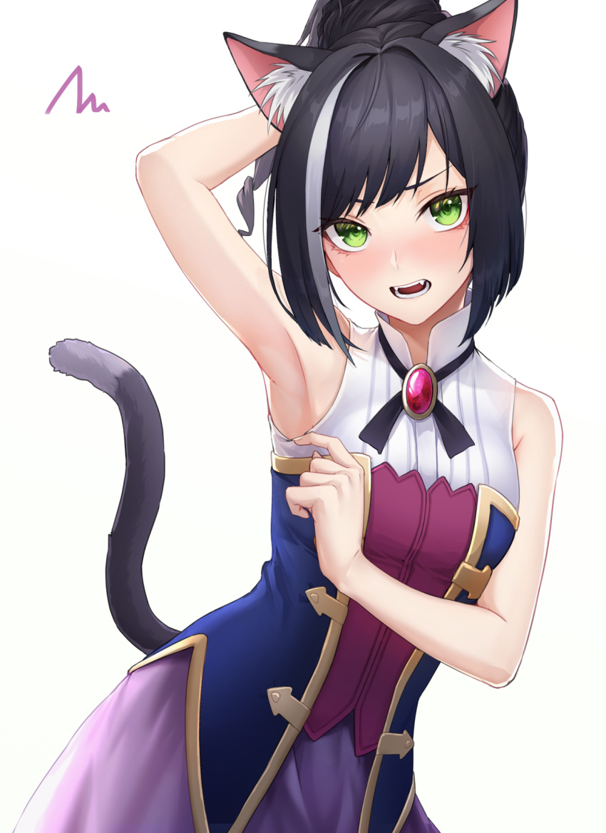 animal_ear_fluff animal_ears arm_up armpits bad_id bad_pixiv_id bare_arms bare_shoulders black_hair blush breasts brooch cat_ears cat_girl cat_tail fangs female gold_trim green_eyes highres ironatsuki jewelry karyl_(princess_connect!) long_hair looking_at_viewer multicolored_hair nose_blush open_mouth ponytail princess_connect! purple_skirt shirt simple_background skirt sleeveless sleeveless_shirt small_breasts solo streaked_hair tail tail_raised upper_body white_background